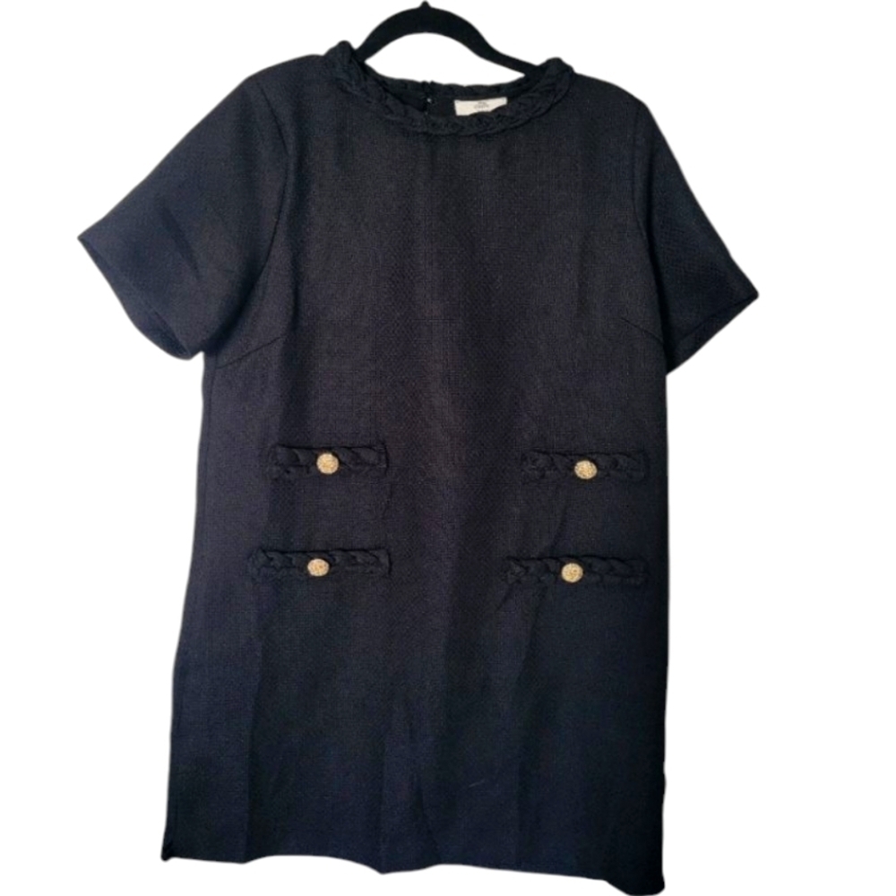 Entro Women's Mini Black Dress With Braided Neck And Gold Button Detail. Size M - Picture 4 of 9